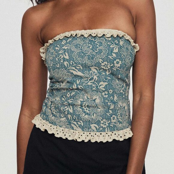 Princess Polly Dien Top Ornate - Blue & Tan - Picture 1 of 5